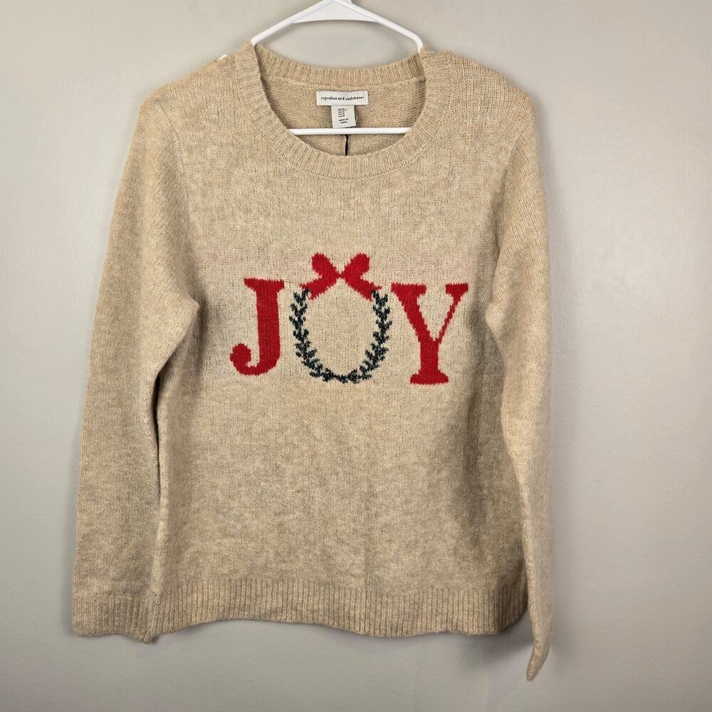 cupcakes & cashmere JOY Christmas Holiday Sweater Women's M Beige GLITTER WREA - Picture 2 of 8